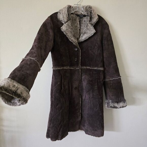 Express Leather Patchwork Faux Sherpa lined Penny Lane long coat Size‎ M Y2K Vtg - Picture 3 of 9